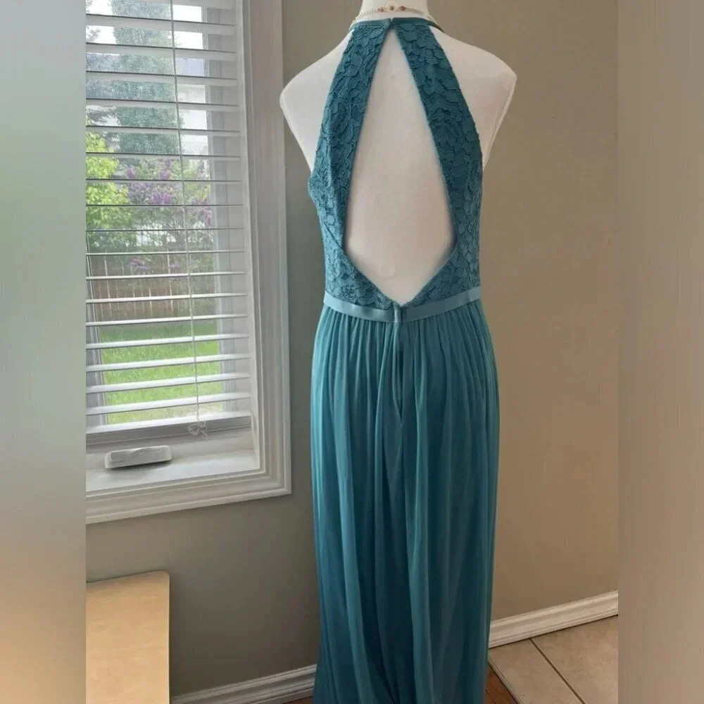 [10]Davids Bridal High Neck Laced Open Back Teal Green Bridesmaid Wedding Dresse - Picture 4 of 10